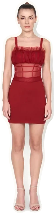 A model wearing the Corset Dress in maroon.