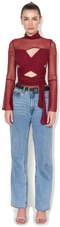 A model wearing the Croix Bodysuit in maroon with jeans.